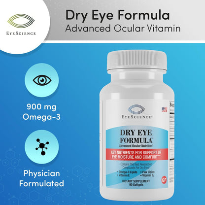 EyeScience Dry Eye Formula – 900mg Omega-3 Food Supplement for Dry Eyes with EPA DHA & Antioxidant Vitamins C and E, 90 Softgels