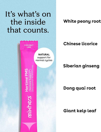 MIXHERS Hertime PMS - Supports a Healthy Menstrual Cycle - with Minerals, Peony Roots, Siberian Ginseng - Sugar-Free - 15 Sachets - Coconut Lime