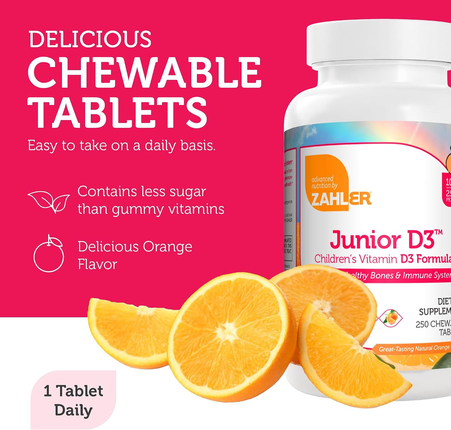 Zahler Junior D3 Vitamins 1000 IU - Chewable Vitamin D3 for Kids to Support Bone, Teeth & Immune Health - Kosher Orange Flavour - 250 Count - görsel 2