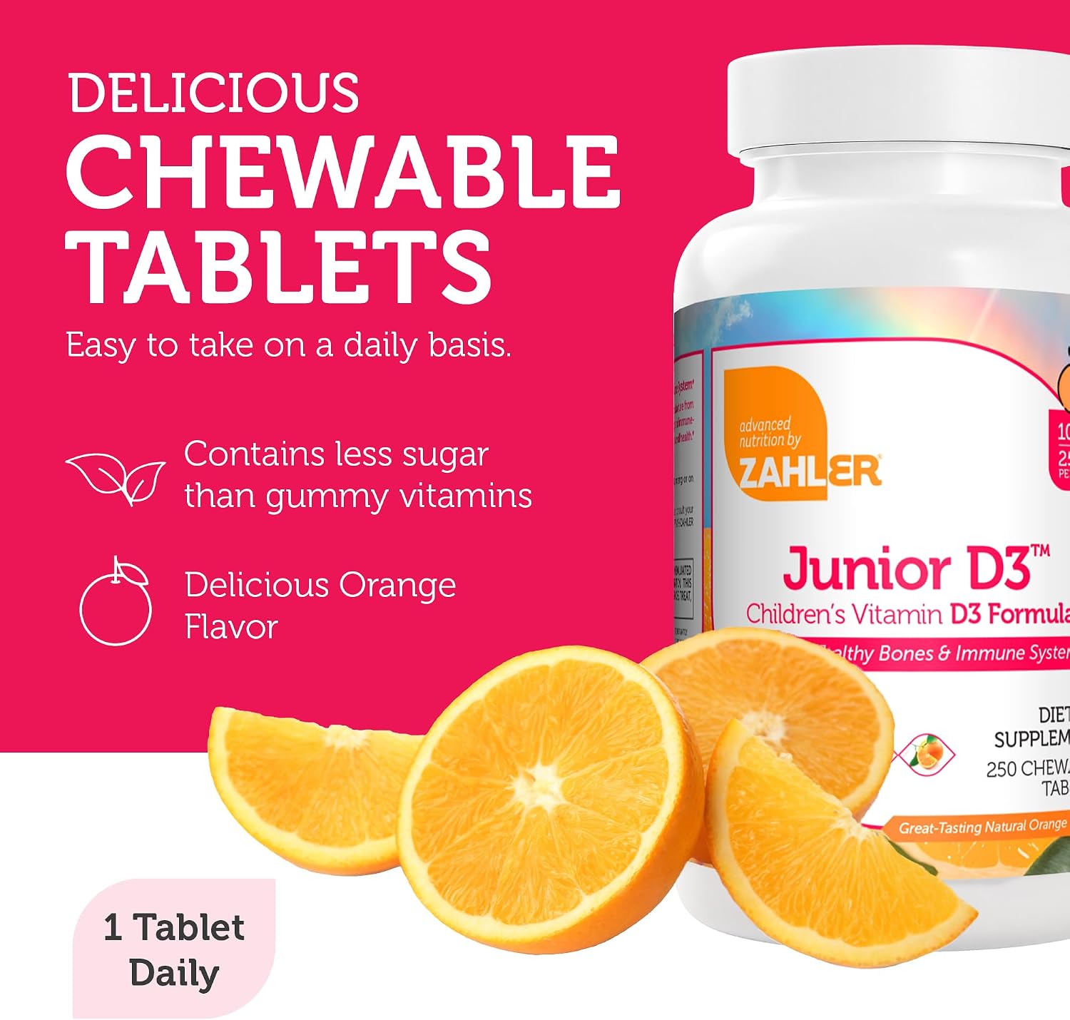 Zahler Junior D3 Vitamins 1000 IU - Chewable Vitamin D3 for Kids to Support Bone, Teeth & Immune Health - Kosher Orange Flavour - 250 Count - görsel 2