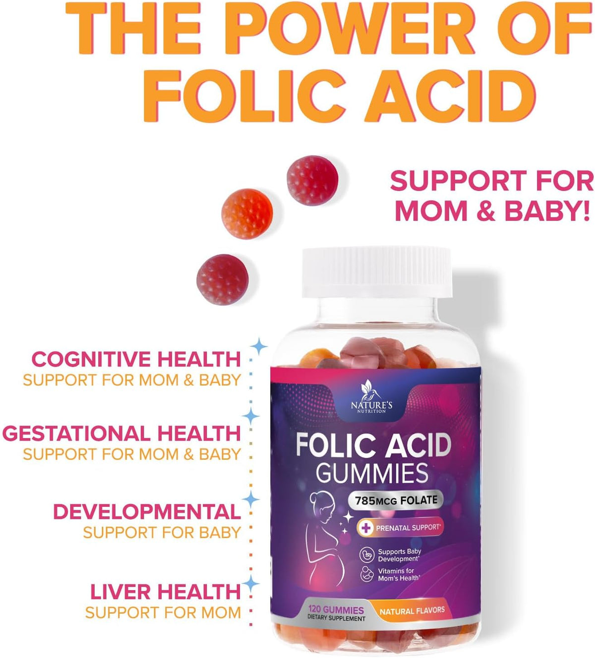 Folic Acid Gummies for Women – Prenatal Folate Supplement – Natural Orange & Cherry Flavour – 120 Gummies - görsel 6