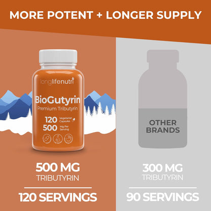 BioGutyrin – Tributyrin 500mg, Postbiotic Supplement for Gut Function and Nutrient Absorption, 120 Vegetarian Capsules