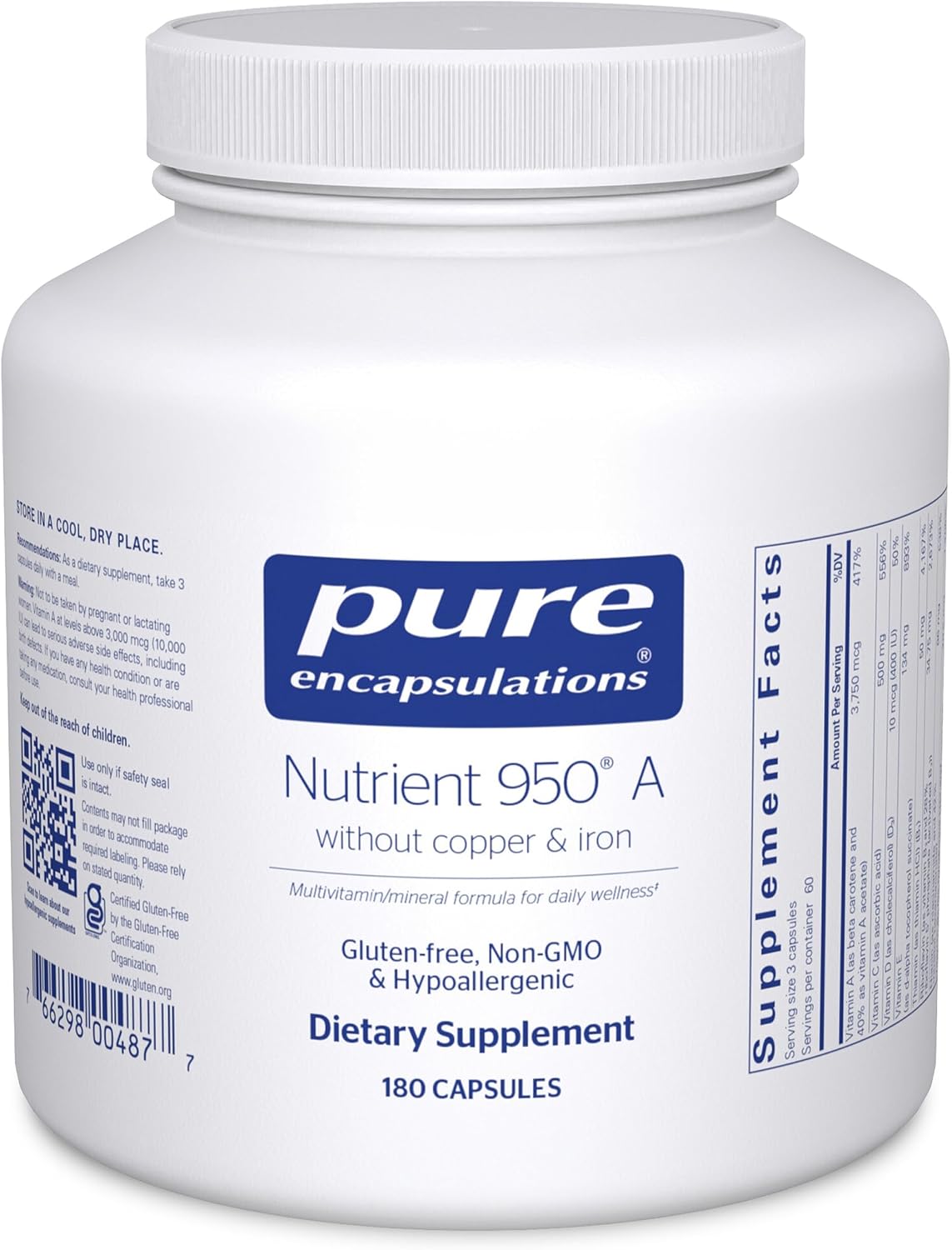 Pure Encapsulations Nutrient 950 A Without Copper & Iron - Hypoallergenic Multivitamin/Mineral Formula, 180 Capsules - görsel 1