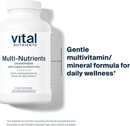Vital Nutrients Multi-Nutrients 2 - Citrate/Malate Formula (with Copper, Without Iron) - Multivitamin and Mineral Supplement - 180 Vegetarian Capsules