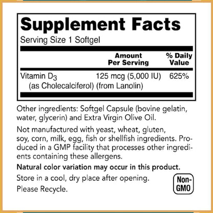 Baar Vitamin D3 Softgels, 5,000 IU, 120 Softgels