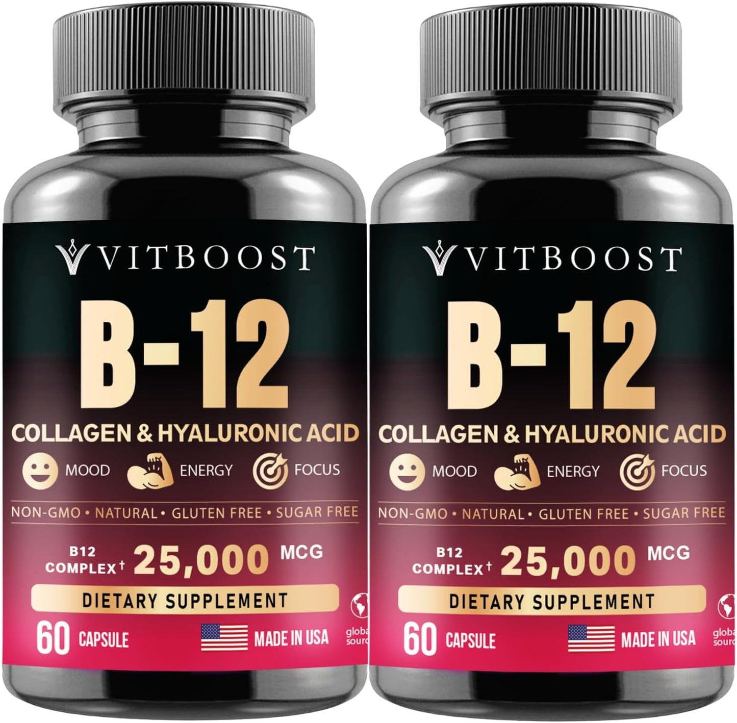 VITBOOST B12 Complex with Hyaluronic Acid, Collagen and Folate – 25000 µg B12 Complex, 5000 µg Methylcobalamin – 60 Capsules - görsel 7
