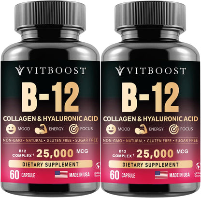 VITBOOST B12 Complex with Hyaluronic Acid, Collagen and Folate – 25000 µg B12 Complex, 5000 µg Methylcobalamin – 60 Capsules