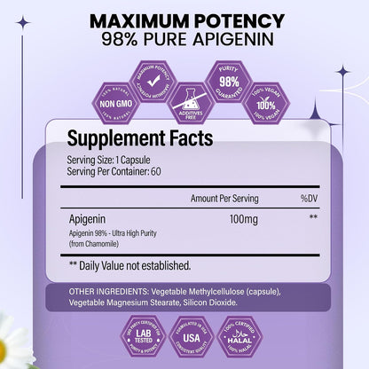BOSCENT Apigenin Supplement 100mg – 98% Purified, Non-GM, 60 Capsules