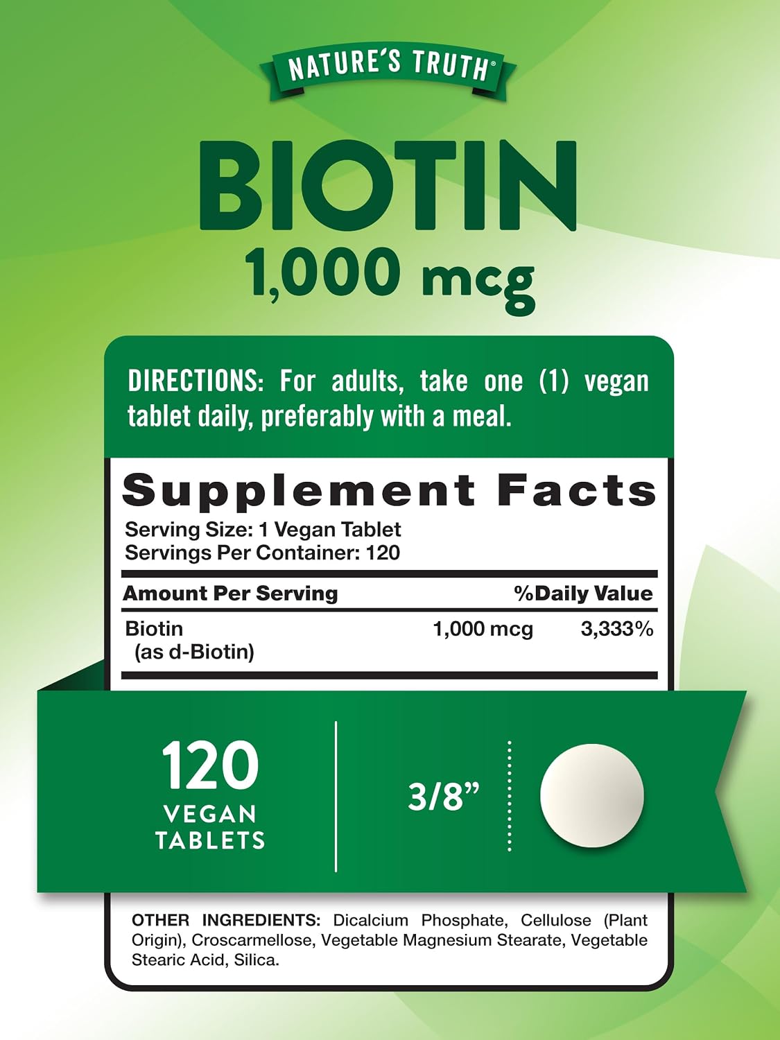 Nature's Truth Biotin 1000mcg - 120 Tablets, Vegan, Non-GMO, Gluten-free Supplement - görsel 2