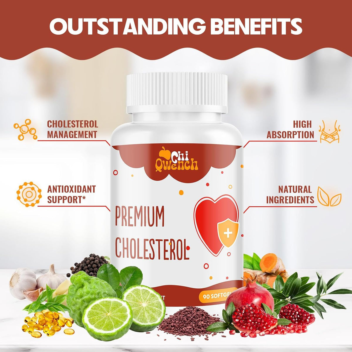 ChiQwench Cholesterol Support Complex - 14-in-1 Formula with Plant Sterols, Niacin, and Red Yeast Rice, 180 Soft gel capsules - görsel 4