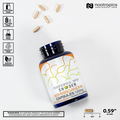 Nootropics Depot Shoden Ashwagandha Extract Capsules | 120mg | 35% Withanolides | 30 Count