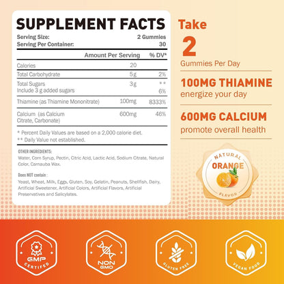 Joywiit Vitamin B1 Gummies 100mg with Calcium – Thiamine Supplement for Energy & Nervous System Support – Orange Flavour – Non-GMO, Vegan, 120 Gummies