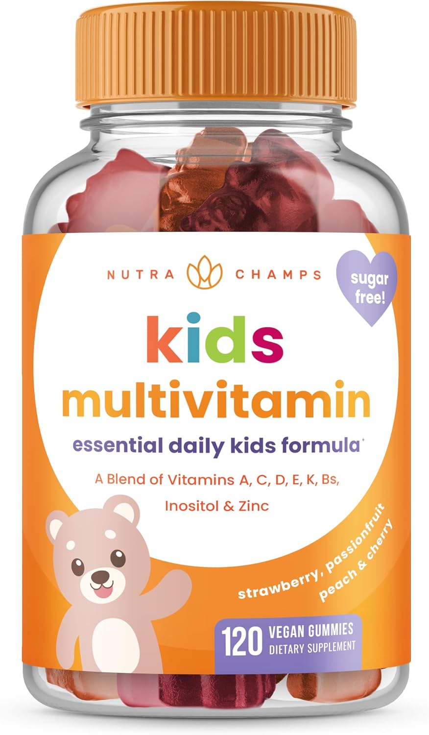 NutraChamps 120 Gummy Vitamins for Kids (Pack of 2), Sugar Free Kids Vitamins Gummy Multivitamin, Vegan & Non-GMO, Strawberry, Passionfruit, Peach & Cherry - görsel 5