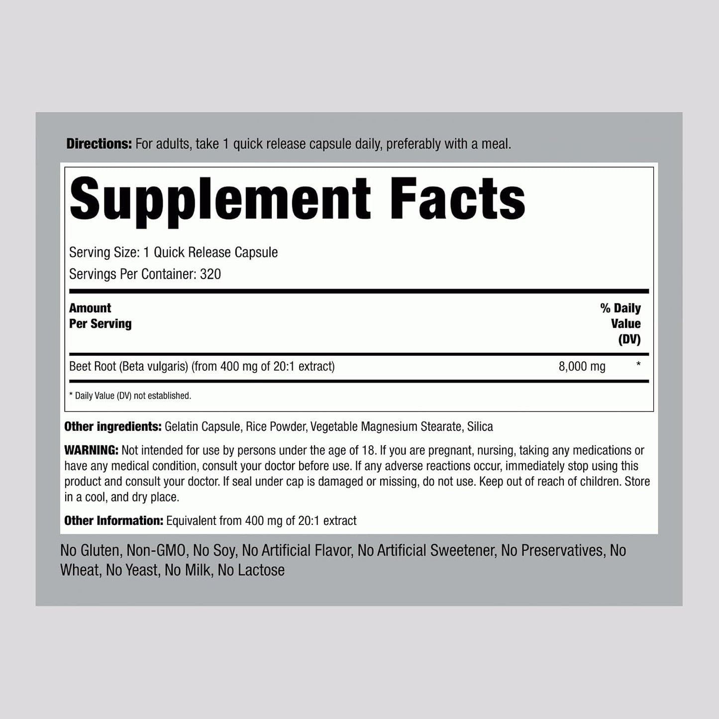 Piping Rock Beet Root Powder Capsules - 320 Capsules - Herbal Extract Supplement with Beta Vulgaris - Non-GM, Gluten-free - görsel 2