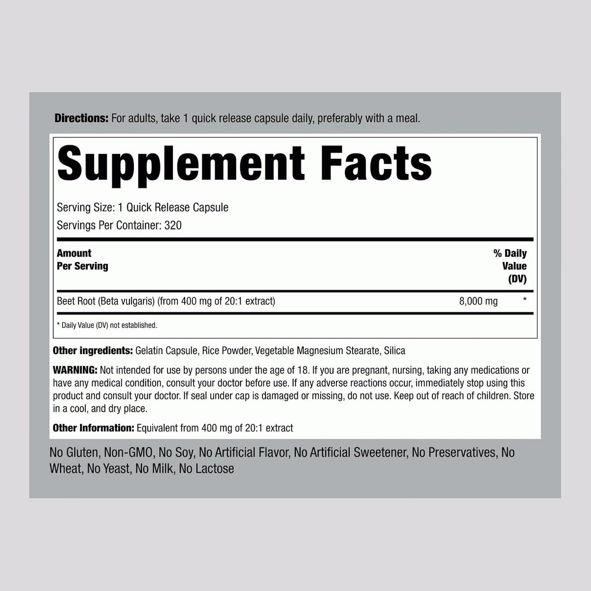 Piping Rock Beet Root Powder Capsules - 320 Capsules - Herbal Extract Supplement with Beta Vulgaris - Non-GM, Gluten-free - görsel 2