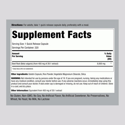 Piping Rock Beet Root Powder Capsules - 320 Capsules - Herbal Extract Supplement with Beta Vulgaris - Non-GM, Gluten-free