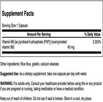 Swanson P-5-P (Pyridoxal-5-Phosphate) Co-enzymated Vitamin B6 - 40 mg, 60 Capsules