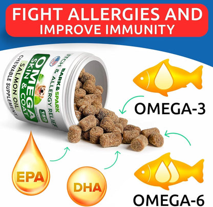 BARK&SPARK Omega-3 for Dogs – 180 Fish Oil Chews for Shedding Support, Skin Allergy Relief, Itch Relief, Hot Spots – Joint Health – Skin & Coat Supplement – EPA & DHA Fatty Acids – Salmon Oil