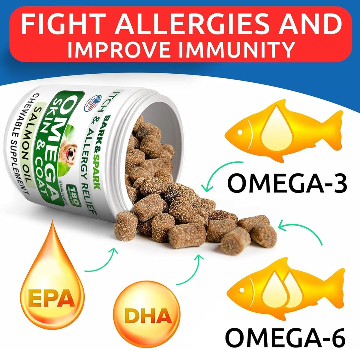 BARK&SPARK Omega-3 for Dogs - 360 Fish Oil Chews for Shedding, Skin Allergy, Itch Relief, Hot Spots Support - Joint Health - Skin and Coat Supplement - EPA & DHA Fatty Acids - Salmon Oil - Bacon Flavour - görsel 4
