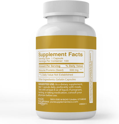 PURE ORIGINAL INGREDIENTS Mucuna Pruriens, 100 Capsules - Pure Single-Ingredient Supplement, No Additives or Fillers, Lab Verified