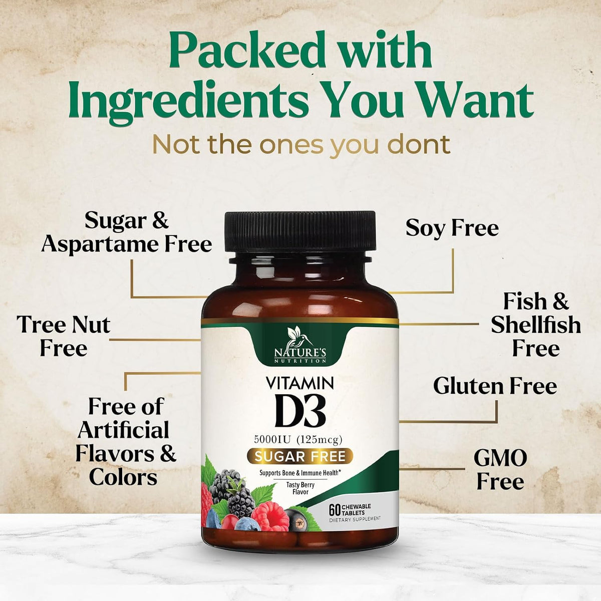 Nature's Nutrition Vitamin D3 5000 IU (125 µg) Chewable Tablets – Extra Strength for Immune Support & Bone Health – Sugar Free, Gluten-free – 60 Count - görsel 7
