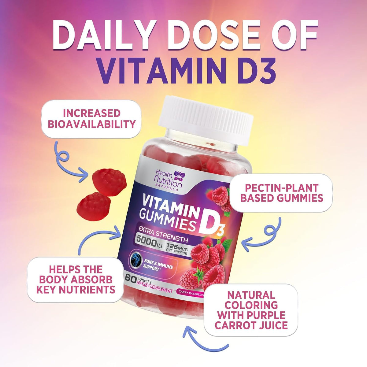 Vitamin D3 Gummies 125 µg (5000 IU) Per Serving - Triple Strength Immune & Bone Support, Vitamin D Gummy Food Supplement, Nature's Berry D Vitamin Supplement, Raspberry Flavoured - 60 Gummies - görsel 5