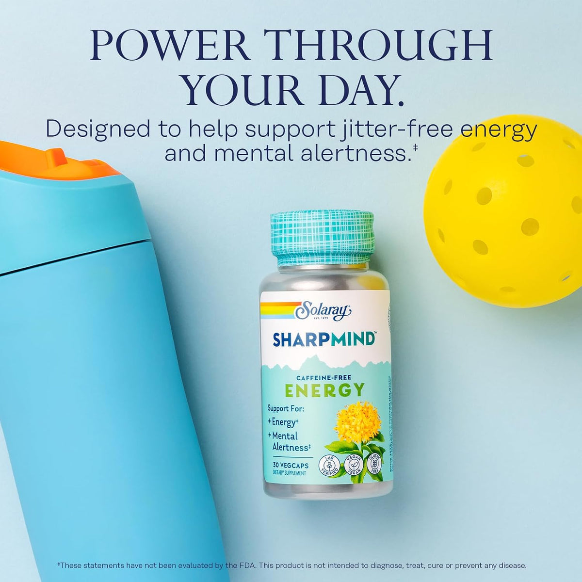 SOLARAY SharpMind Energy - Caffeine-Free Nootropic Focus Support with Rhodiola Rosea and Cordyceps, 30 Vegan Capsules - görsel 3