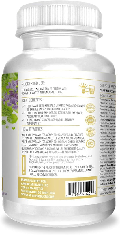 ACTIF Multivitamin for Women Age 30+ with 30 Organic Vitamins and Organic Herbs, Non-GMO, Made in USA, 2-Month Supply