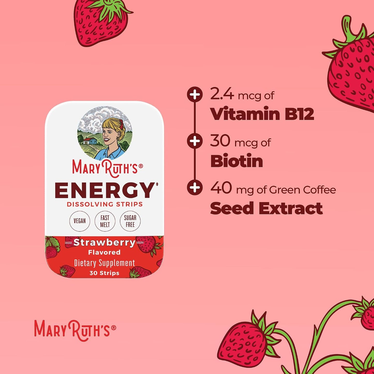 MaryRuth's Energy Dissolving Strips - B Vitamin Complex for Normal Energy Metabolism, Strawberry, 30 Strips - görsel 7