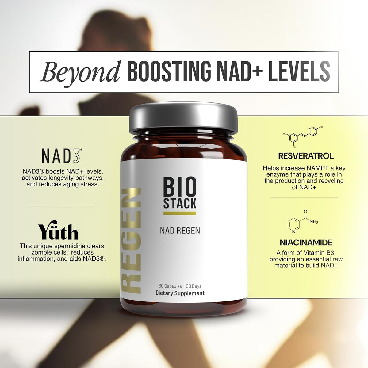 BIOSTACK NAD Regen - NAD+ Supplement with Spermidine, Resveratrol & Niacinamide - 30 Day Supply - görsel 5
