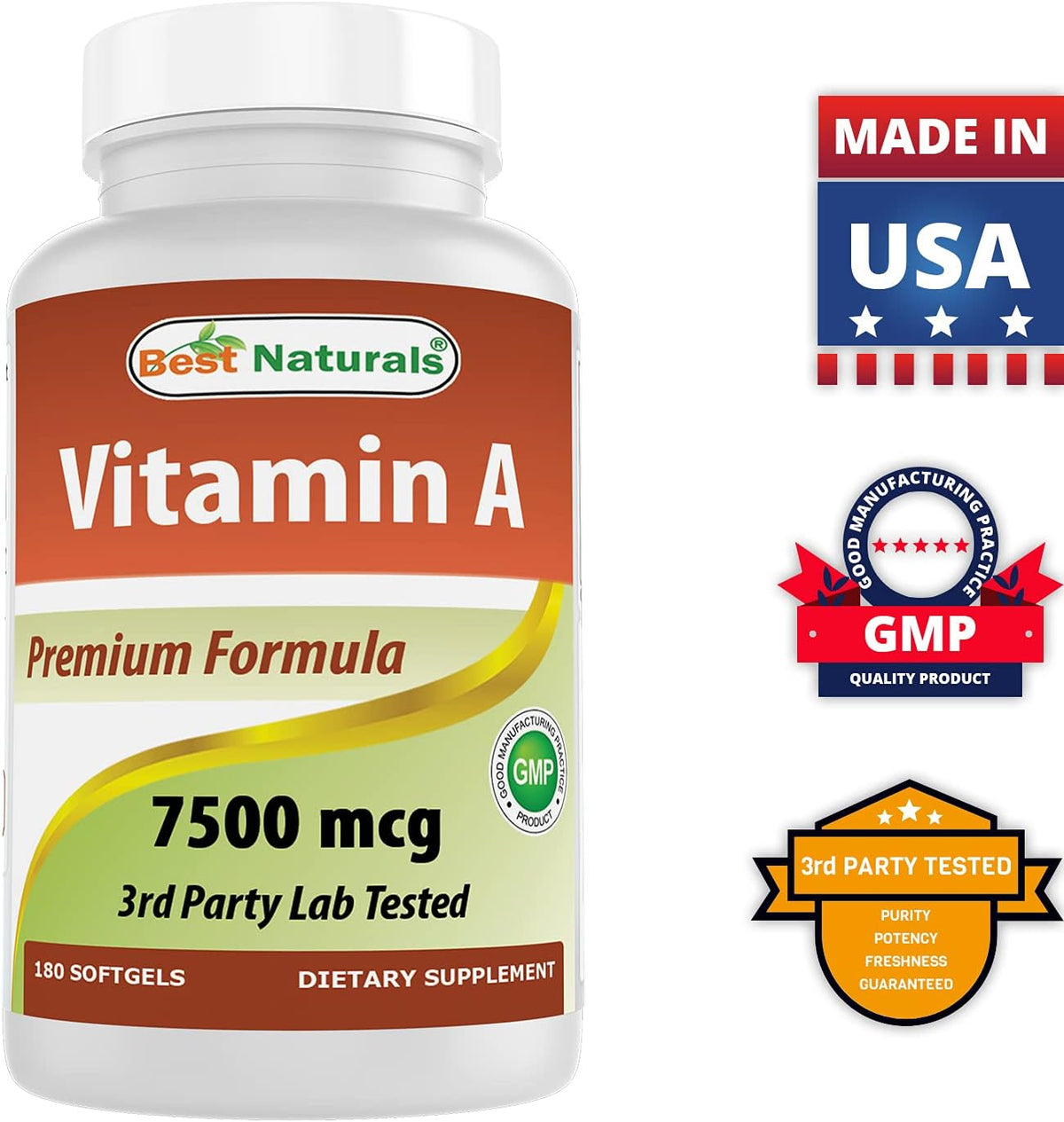 Best Naturals Vitamin A 25000 IU (7500 mcg) – Non-GMO, Contributes to Normal Vision and Immune Function, 180 Softgels (Pack of 3) - görsel 8