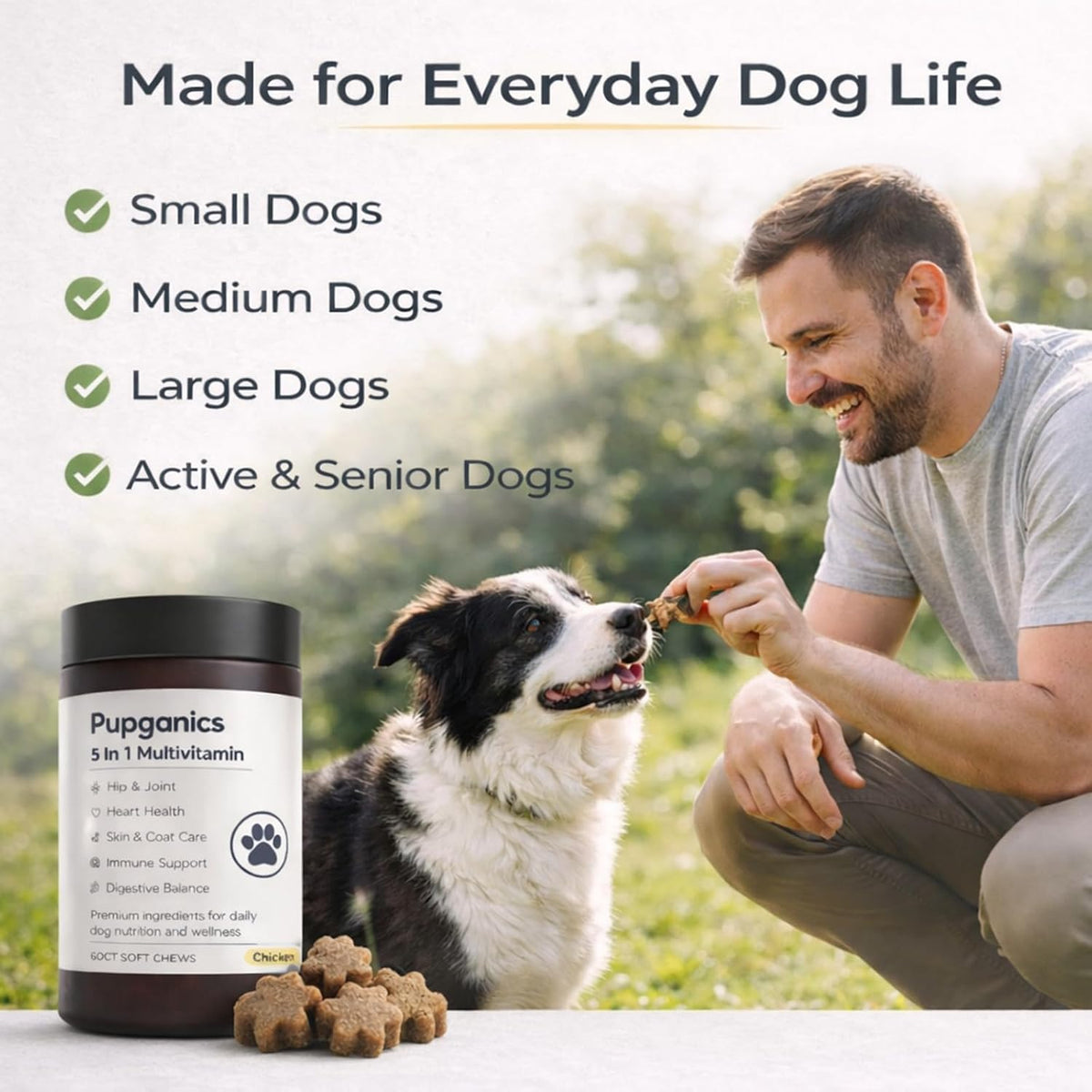 Pupganics Multivitamin Soft Chews for Dog, Dog Vitamins and Supplements for Immune System, Joint Support, Skin, Gut Health, with Probiotics, Glucosamine, Vitamin A/D3/E, Chicken Flavour, 60 Count (1) - görsel 5
