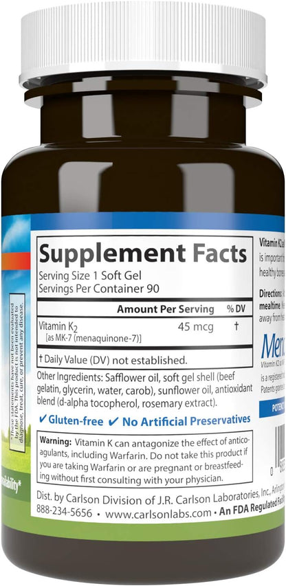 Carlson Labs Vitamin K2-7 45 µg Food Supplement Softgels, 90 Count