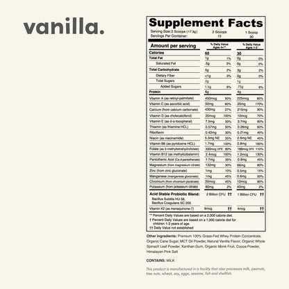 Vanilla Mighty Milk - Children's All-in-One Daily Protein Powder & Multivitamin with 2 Billion Probiotics & Organic Spinach - Natural Flavours, Colours & Sweeteners - 15-30 Servings