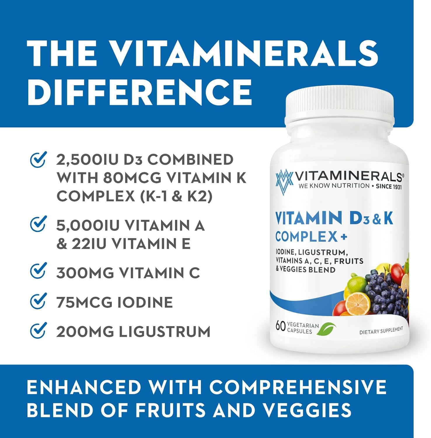 Vitaminerals Vitamin D3 + K Complex | 2500 IU D3 & 80 mcg K | 60 Veggie Capsules - görsel 2