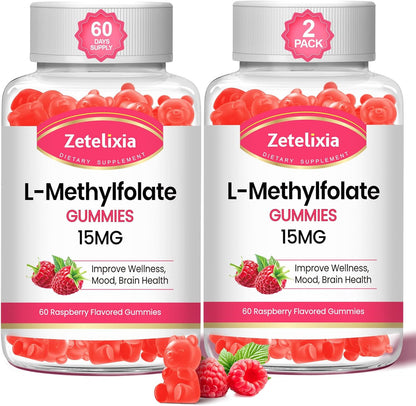 L-Methylfolate 15mg & Methyl B12 Gummies - Sugar Free, Vegan, Raspberry Flavour (60 Count)