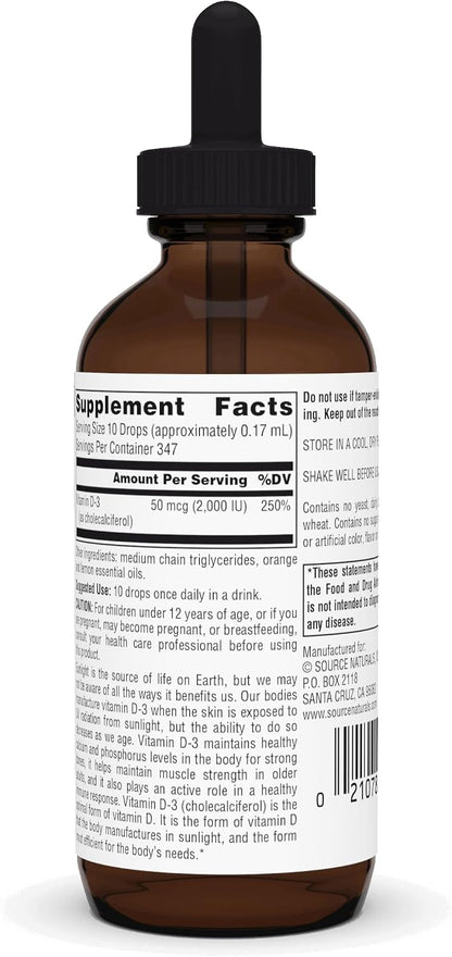 Source Naturals Vitamin D3 Liquid Drops, 2000 IU, 60ml (approx. 2 fl oz)