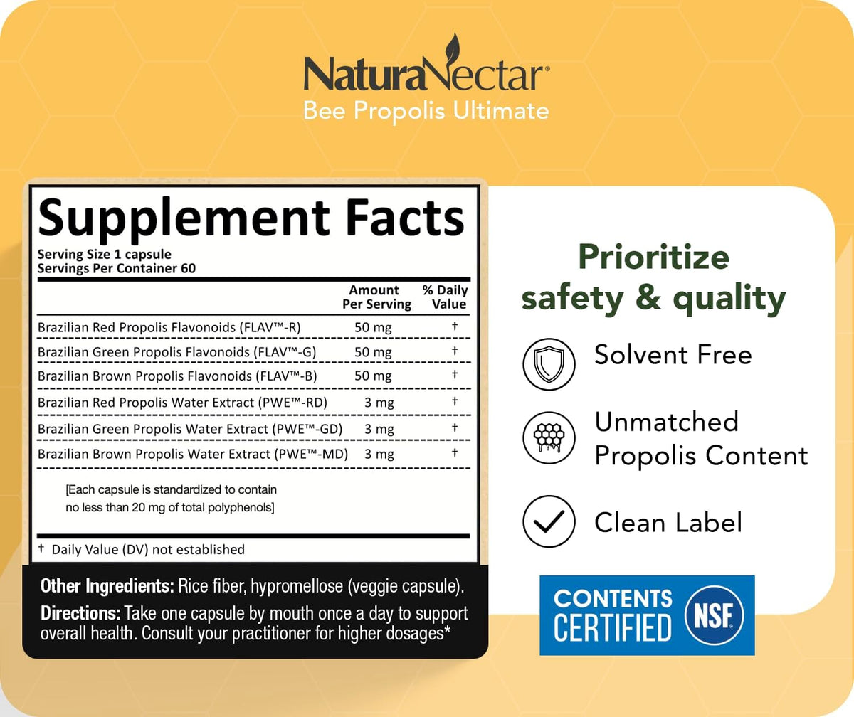 NaturaNectar Ultimate Bee Propolis Capsules – NSF Contents Certified – Brazilian Red, Brown & Green – Gluten-Free Supplement with Flavonoids (60 Capsules) - görsel 4