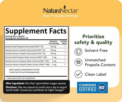 NaturaNectar Ultimate Bee Propolis Capsules – NSF Contents Certified – Brazilian Red, Brown & Green – Gluten-Free Supplement with Flavonoids (60 Capsules)