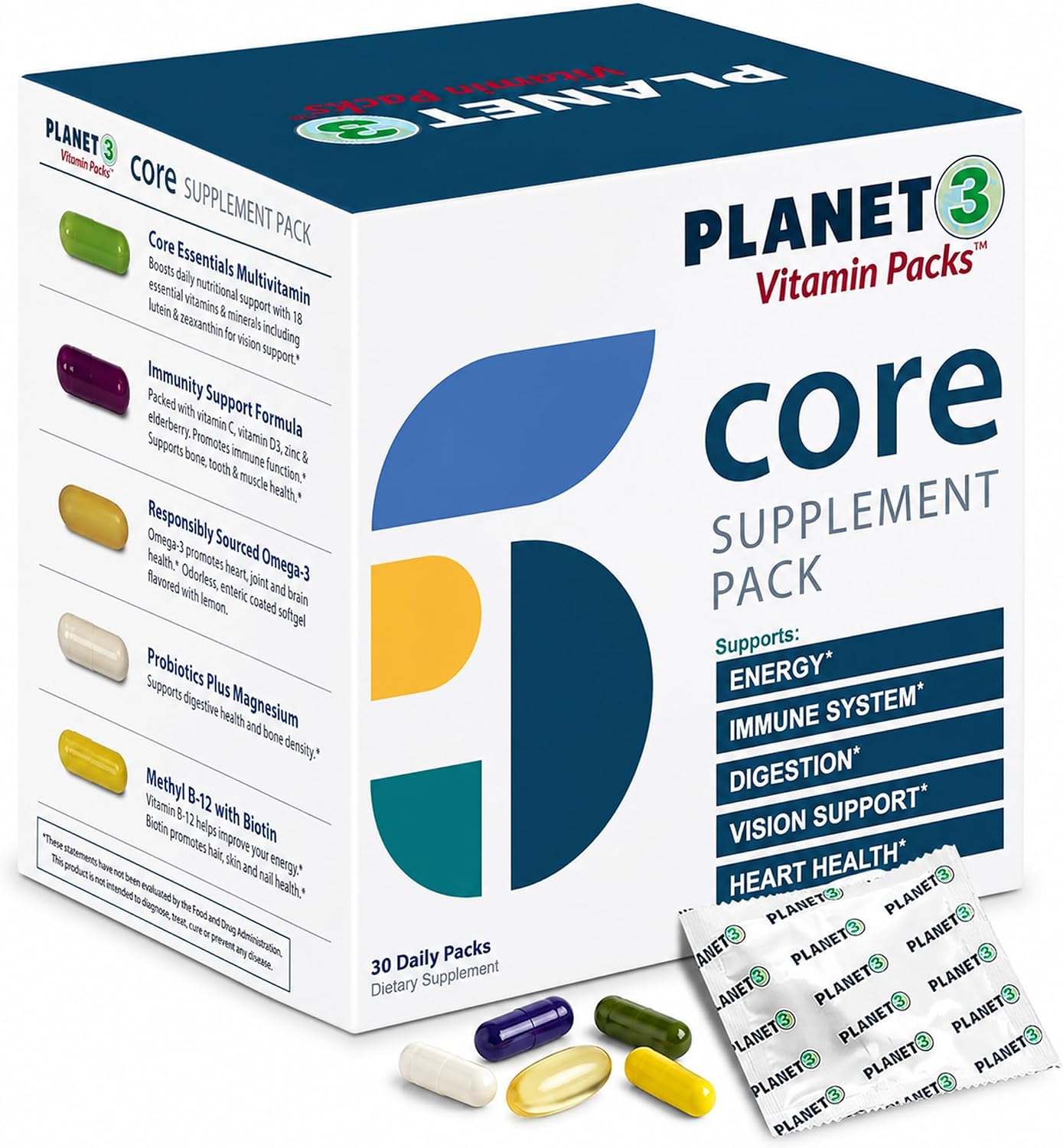 Planet 3 Daily Vitamin Packs for Men & Women – Multivitamin with Omega-3, Probiotics, Vitamin D3 & More, 30 Packets - görsel 1