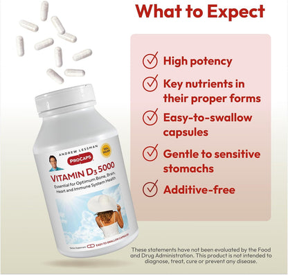 ANDREW LESSMAN Vitamin D3 5000 IU 180 Capsules – High Potency, Supports Calcium Absorption, Bone Health & Immune Function