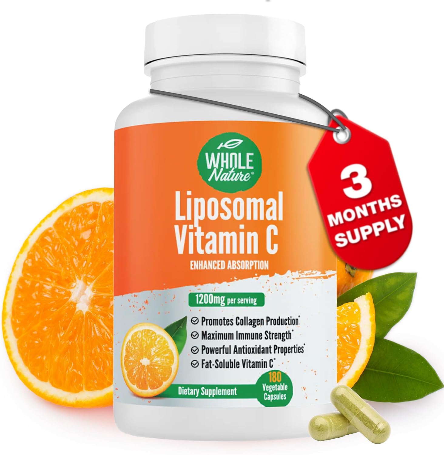 Whole Nature Liposomal Vitamin C 1200mg - High Absorption Vegan Capsules with Sunflower Lecithin - 180 Capsules - görsel 1
