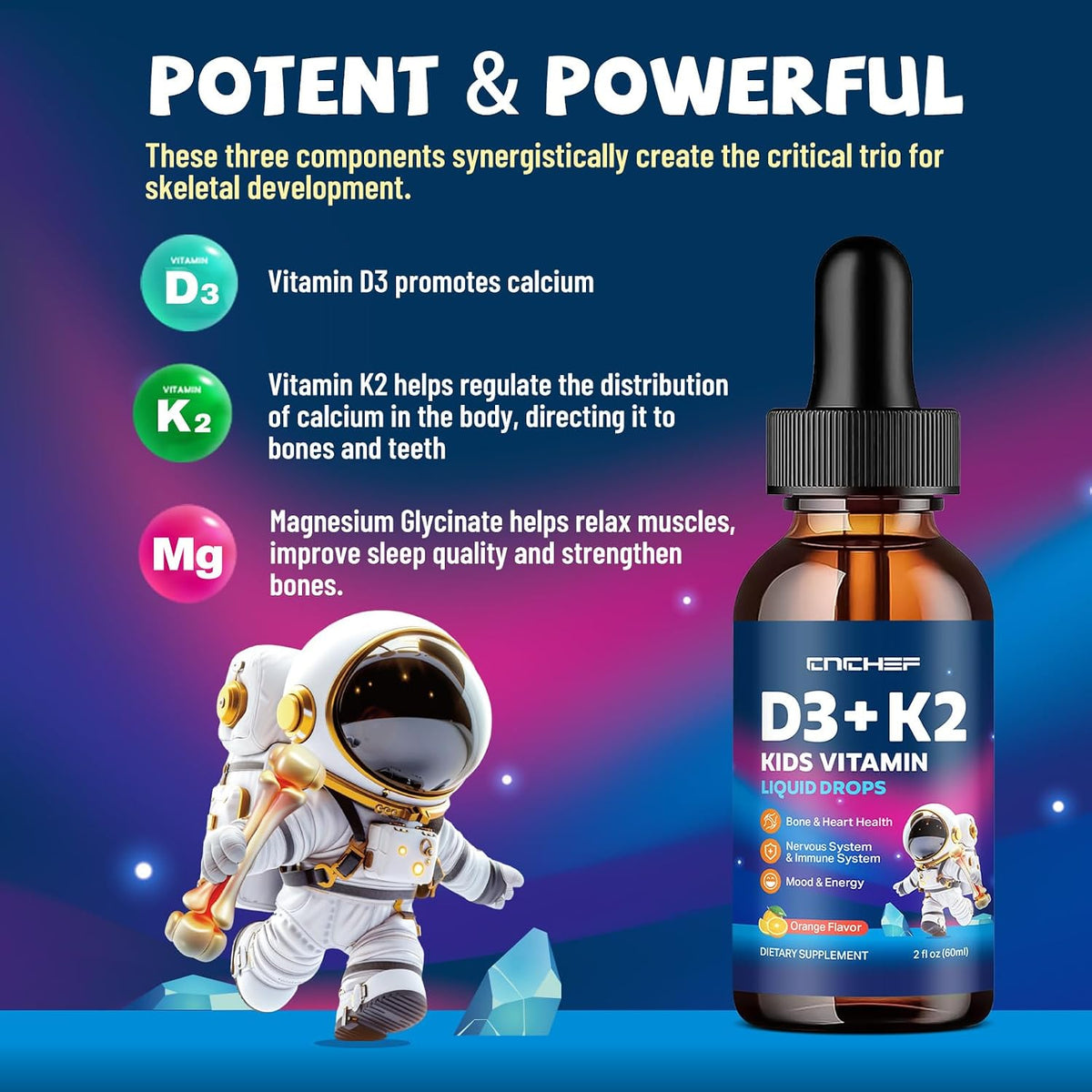 CNCHEF Vitamin D3 K2 Drops for Kids - Liquid Supplement with Magnesium, Orange, 60 ml - görsel 3
