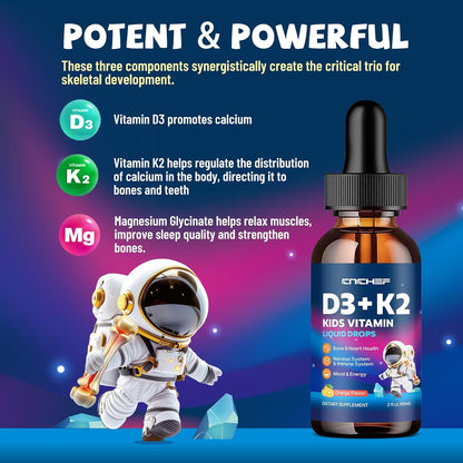 CNCHEF Vitamin D3 K2 Drops for Kids - Liquid Supplement with Magnesium, Orange, 60 ml
