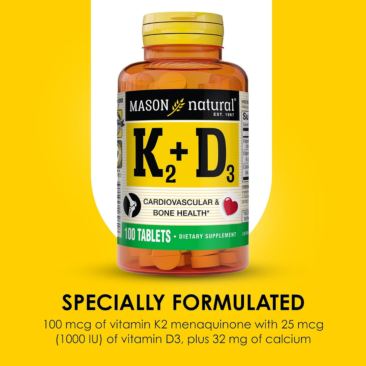 Mason Natural Vitamin K2 + D3, 100-Day Supply, with Calcium for Normal Bone and Muscle Support, Tablets - görsel 4