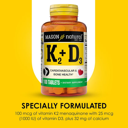Mason Natural Vitamin K2 + D3, 100-Day Supply, with Calcium for Normal Bone and Muscle Support, Tablets