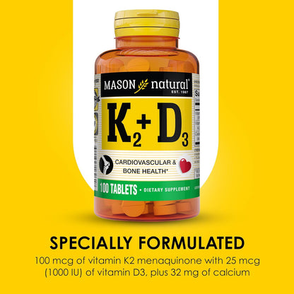 MASON NATURAL Vitamin K2 + D3 – 300 Tablets (3-Pack) with Calcium for Bone and Muscle Support