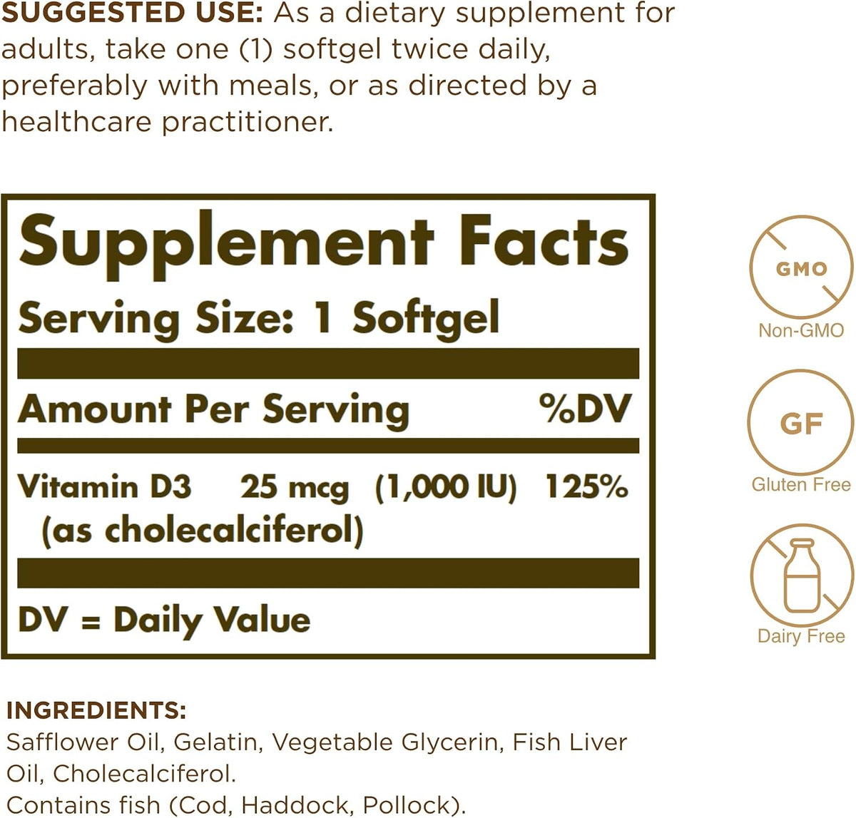Solgar Vitamin D3 (Cholecalciferol) 1,000 IU Softgels, 250 Count - görsel 2