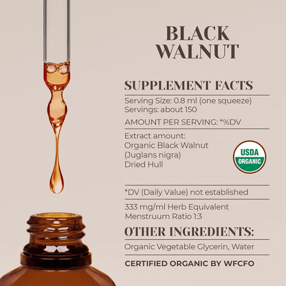 Black Walnut USDA Organic Alcohol-Free Extract | High-Potency Tincture | Certified Organic Black Walnut (Juglans Nigra) Dried Hull (4 oz / 118 ml)