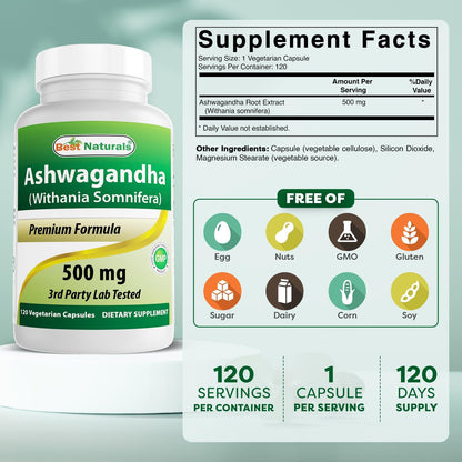 Best Naturals Ashwagandha Extract 500 mg, 120 Capsules (Pack of 2)